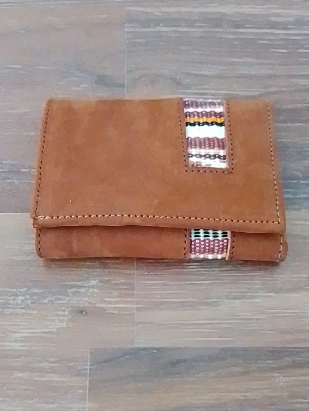 Brown Leather Bifold Wallet with Multicolor Woven Accent